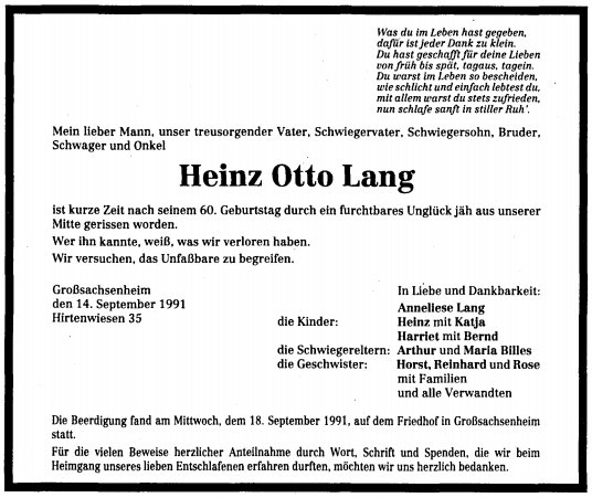 Lang Heinz 1931-1991 Todesanzeige